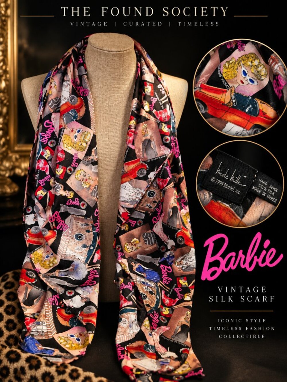 Vintage 1994 Nicole Miller Barbie 100% Silk Scarf 90s Mattel Collector